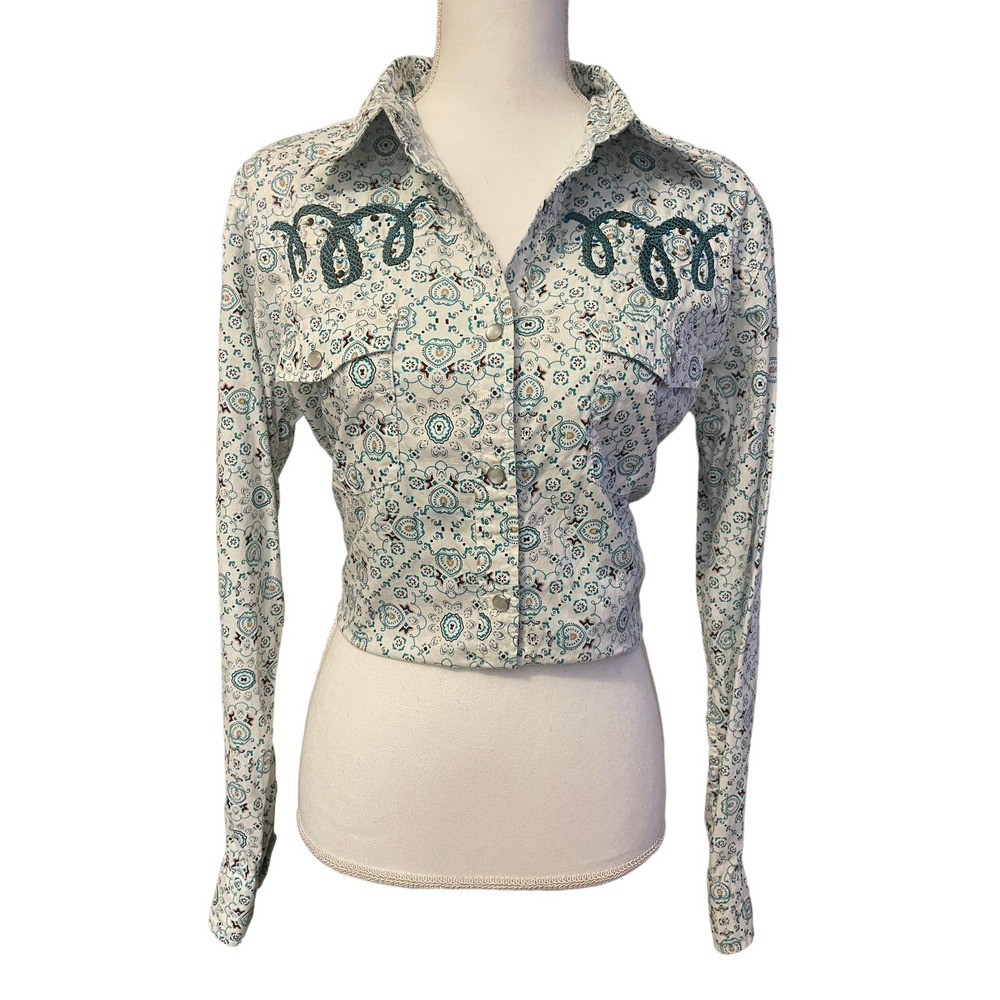 Cropped Paisley Print Button-Up Shirt - Teal/White